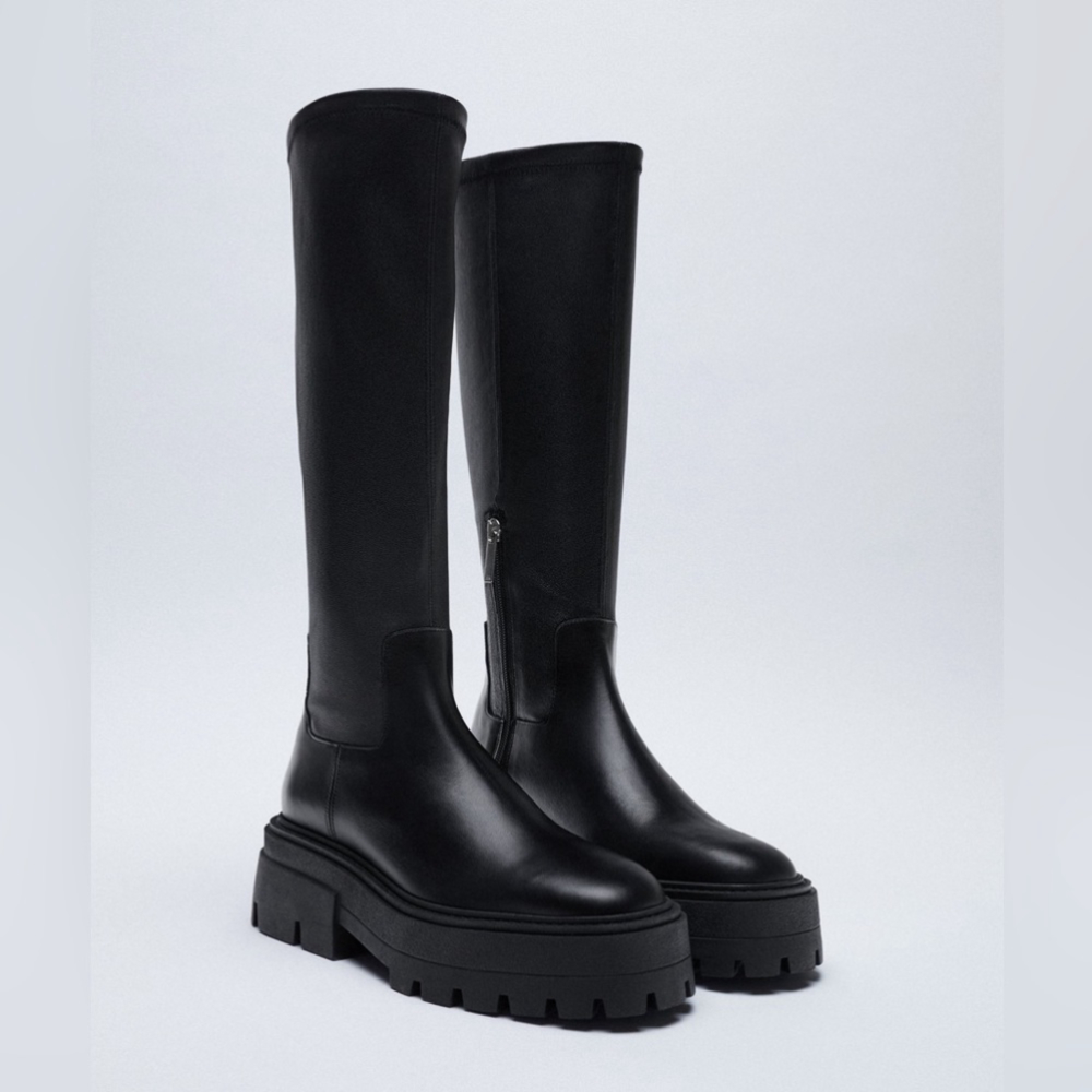 Zara Black Leather Knee High Lug Boots